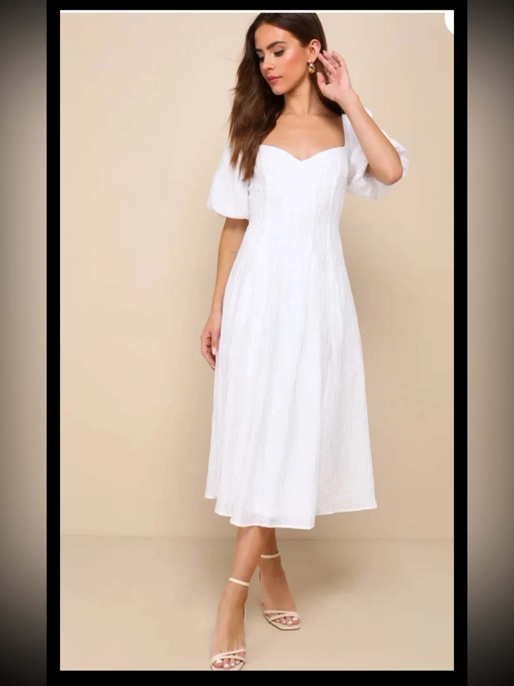Lulus Heavenly Energy White Textured Puff Sleeve Pleated Midi Dress size Small